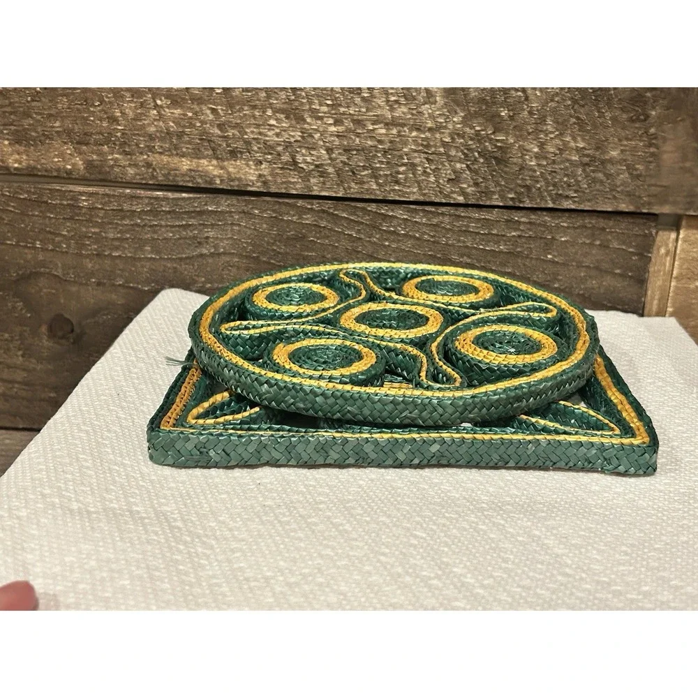 Lot of 2 Square Rattan Wicker Raffia Woven Straw Hot‎ Pad Trivets Green VTG